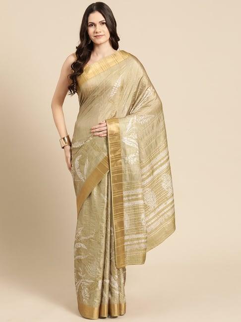 silk land olive green silk floral print saree with unstitched blouse