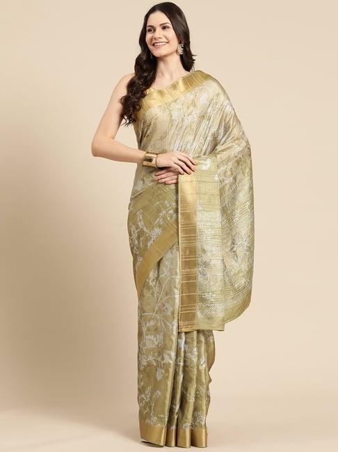 silk land olive green silk floral print saree with unstitched blouse