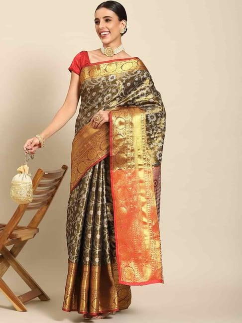 silk land olive green woven saree with unstitched blouse