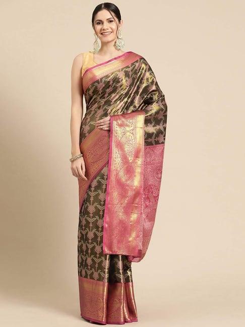 silk land olive green woven saree with unstitched blouse