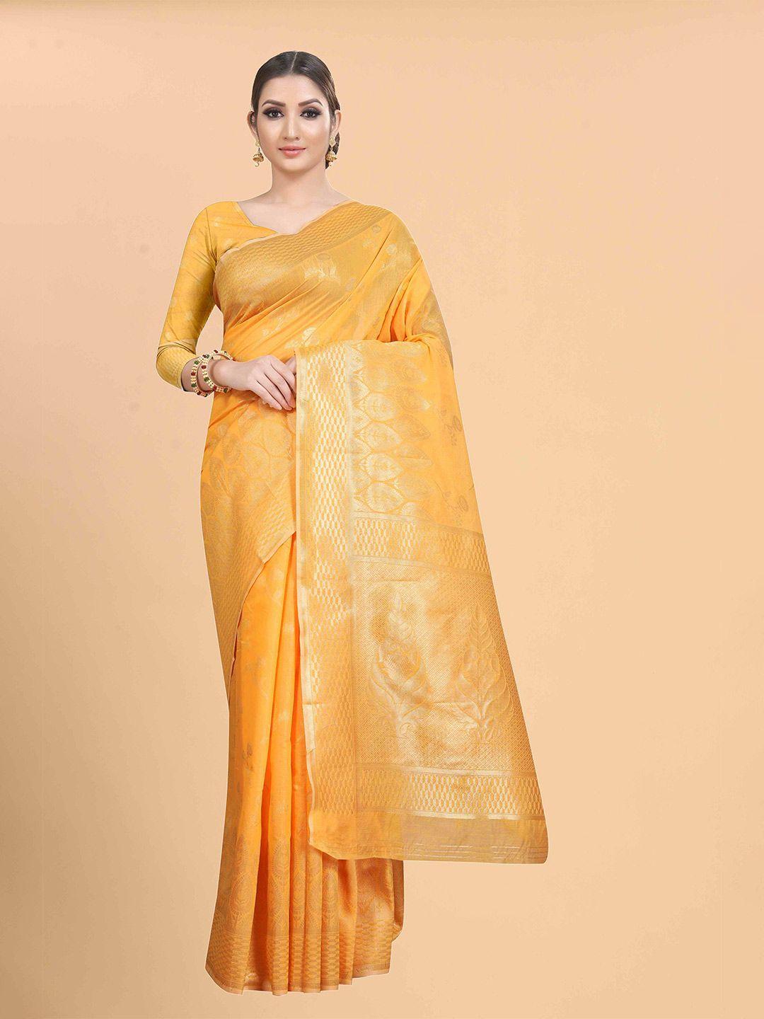 silk land orange & gold-toned floral zari pure cotton fusion saree 100% pure cotton