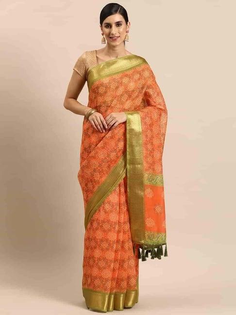 silk land orange & green printed saree with unstitched blouse