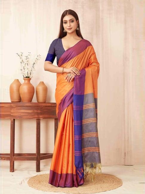 silk land orange & purple woven saree with unstitched blouse