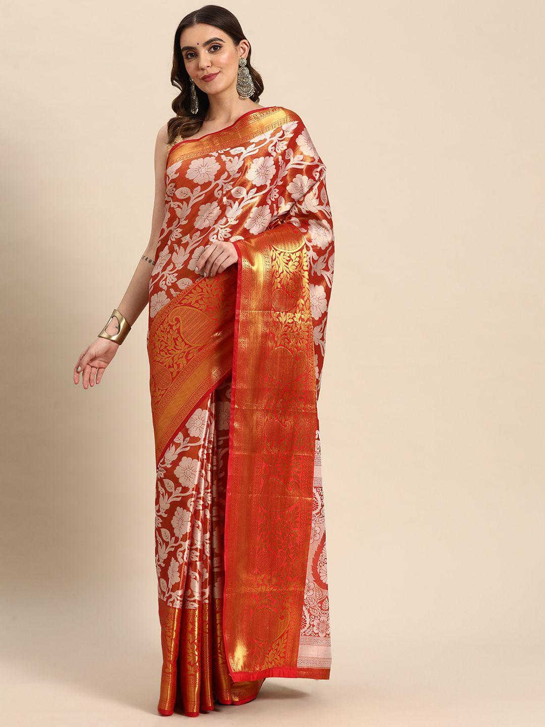 silk land orange & white floral zari tissue heavy work kanjeevaram saree