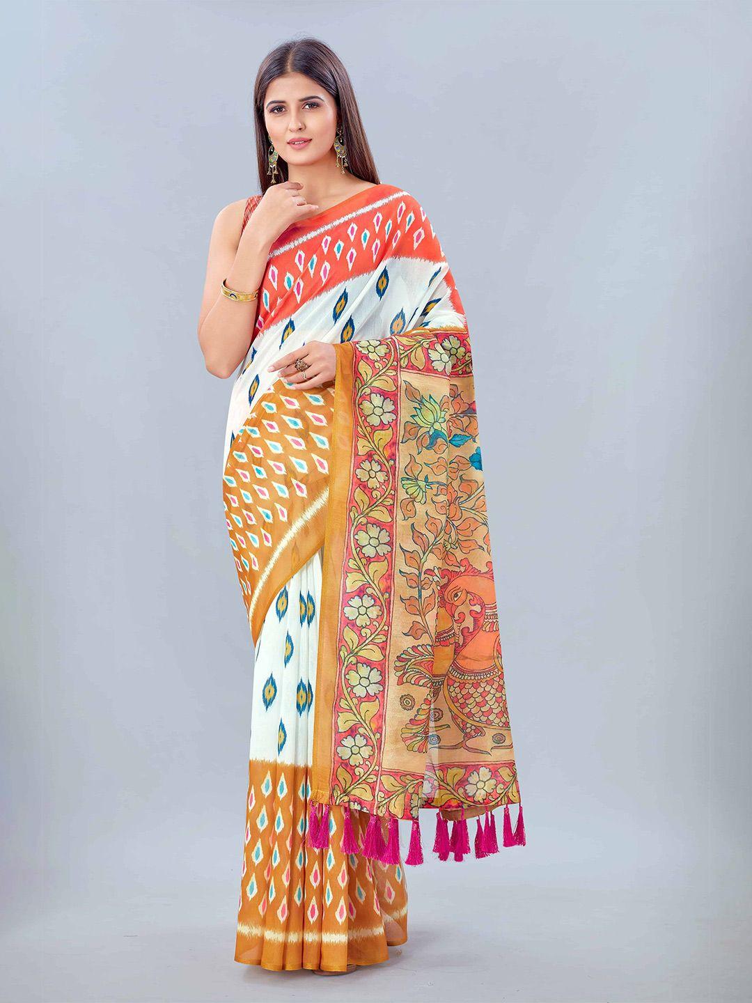 silk land orange white ethnic motifs pure cotton saree with tassels