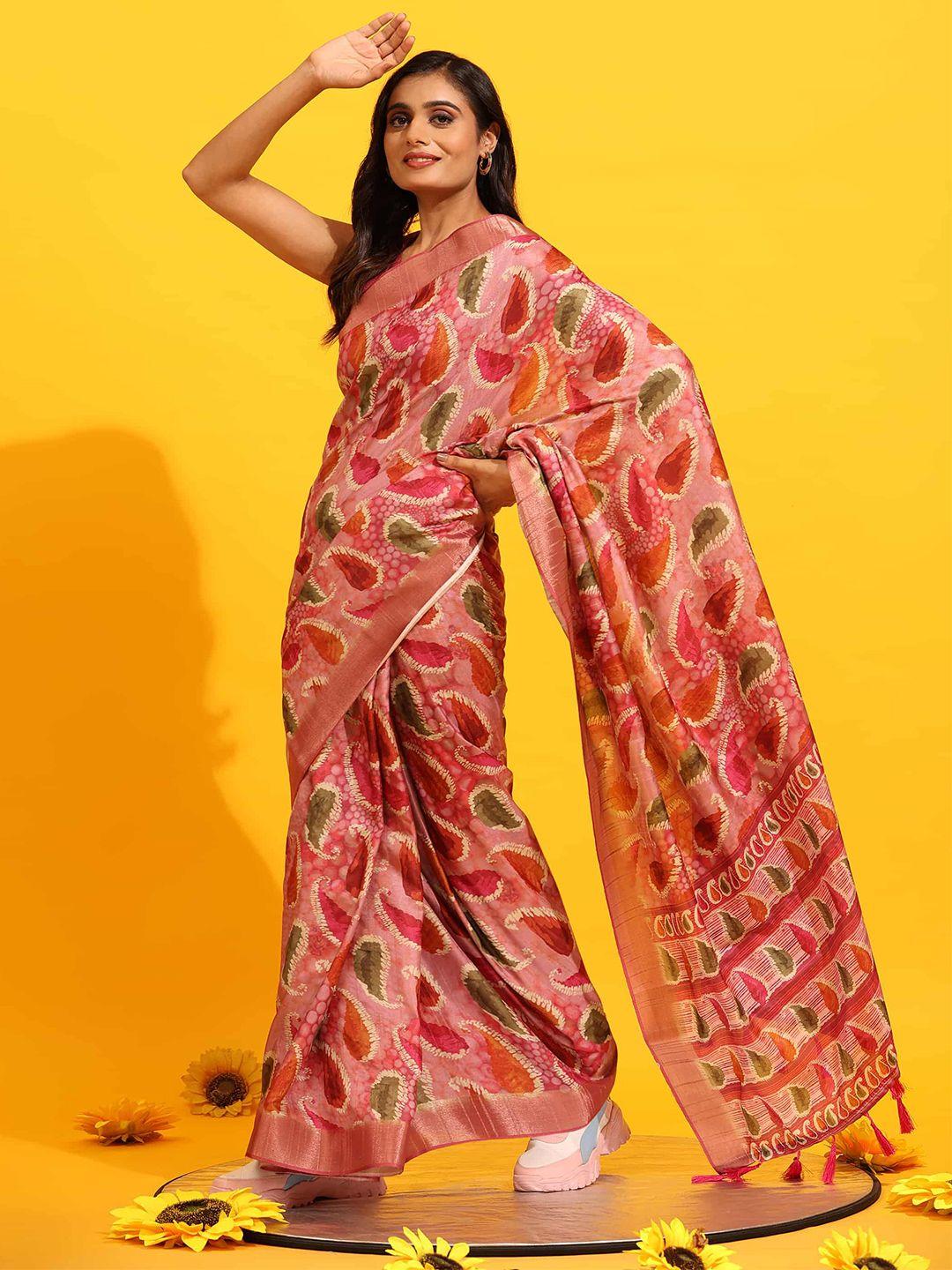 silk land paisley printed zari banarasi saree