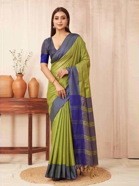 silk land parrot green & purple woven saree with unstitched blouse