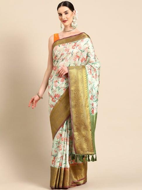 silk land parrot green silk floral saree with unstitched blouse