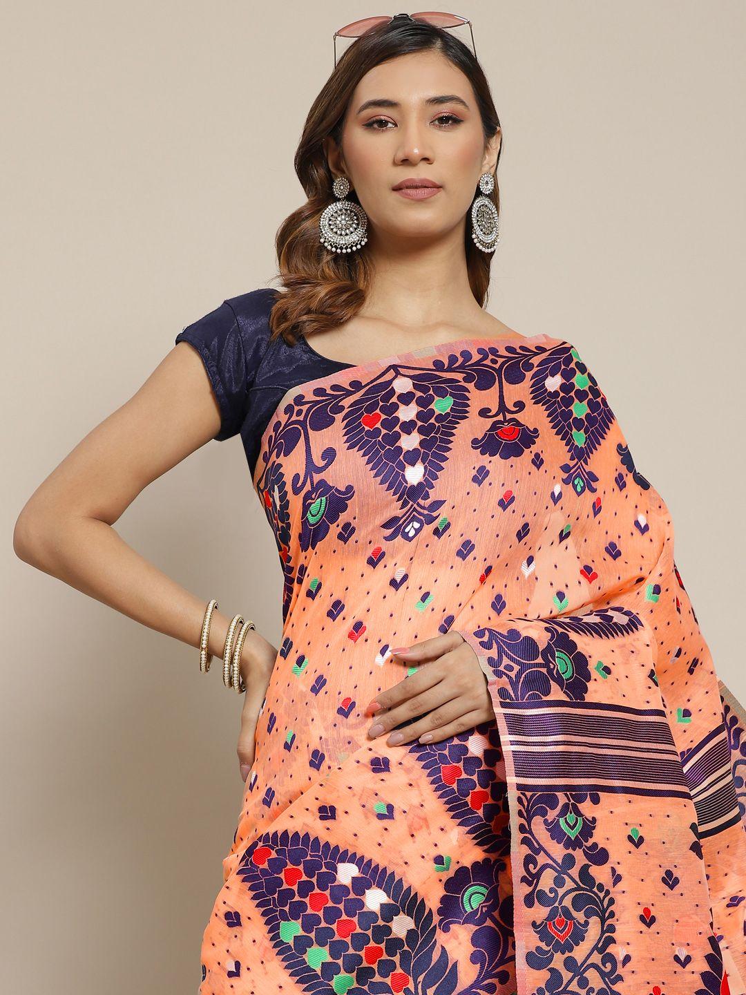 silk land peach-coloured & navy blue woven design pure cotton jamdani saree