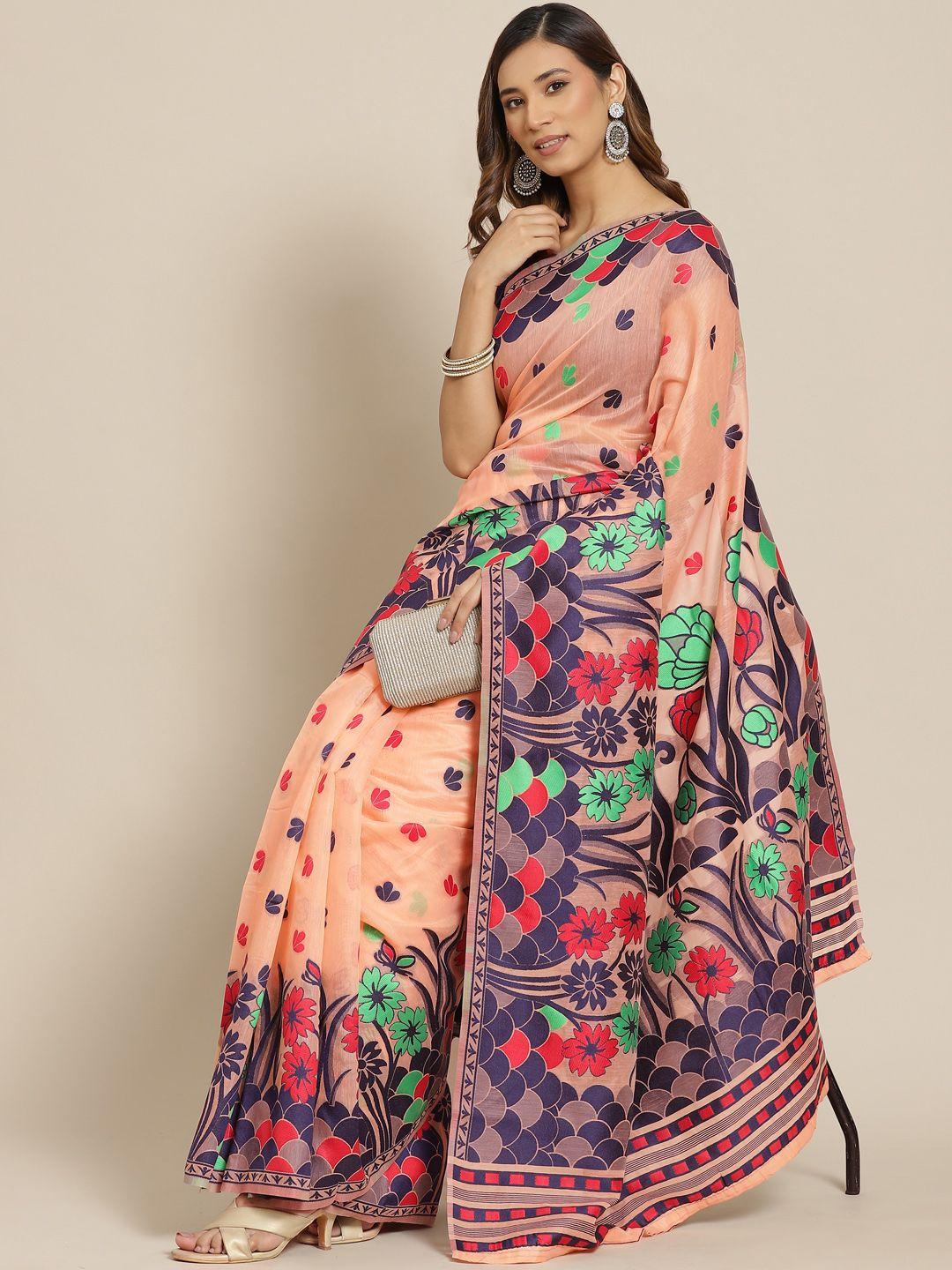 silk land peach-coloured & navy blue woven design pure cotton jamdani saree