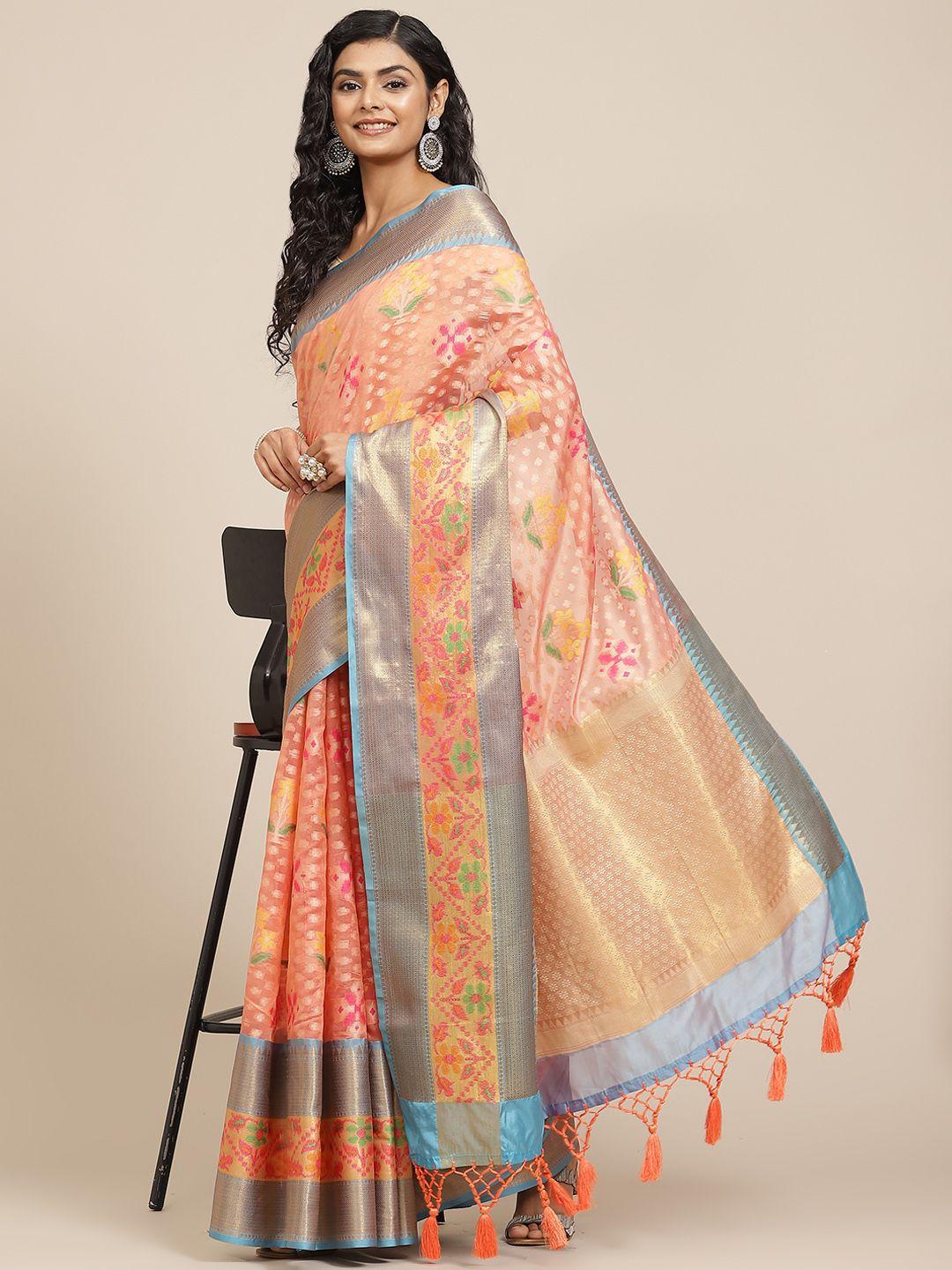 silk land peach-coloured woven design phulkari pure silk ikat saree