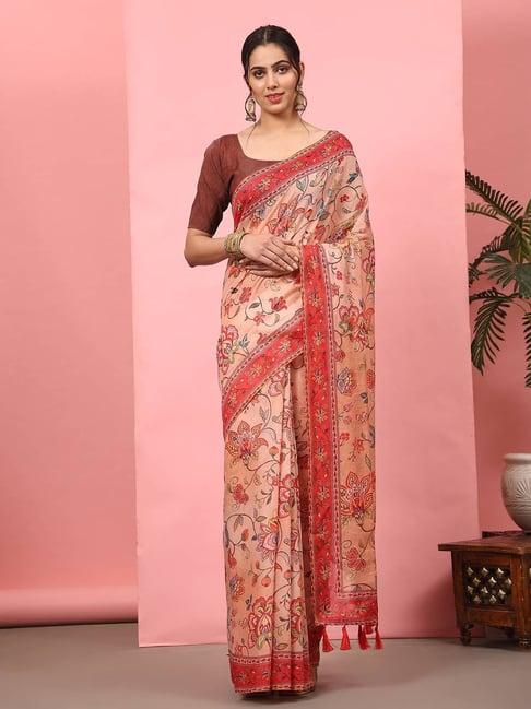 silk land peach floral print saree with blouse