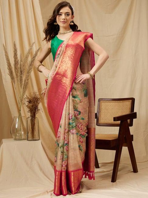 silk land peach floral print saree with blouse