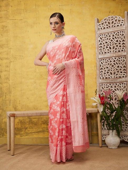 silk land peach floral print saree with blouse