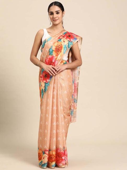 silk land peach floral print saree with blouse