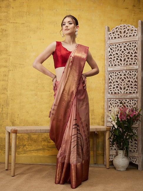 silk land peach printed saree with blouse