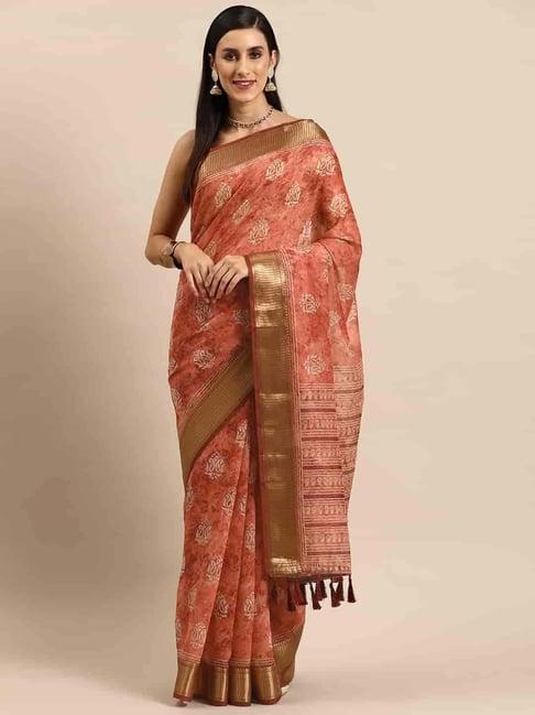 silk land peach printed saree with unstitched blouse