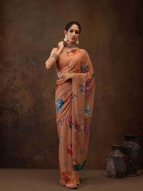 silk land peach printed saree with unstitched blouse