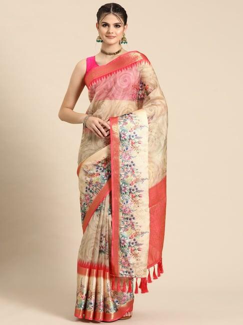 silk land peach silk floral print saree with blouse