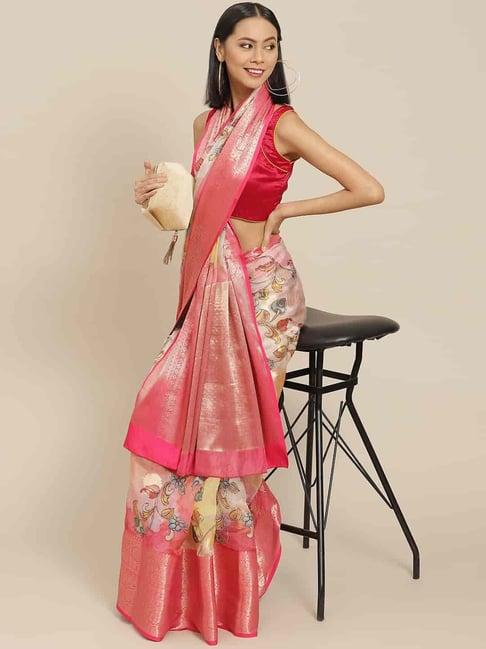 silk land peach silk floral print saree with unstitched blouse