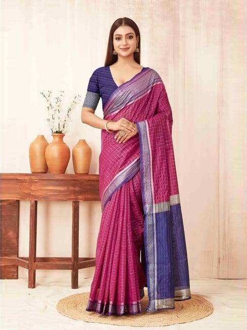 silk land pink & blue silk woven saree with unstitched blouse