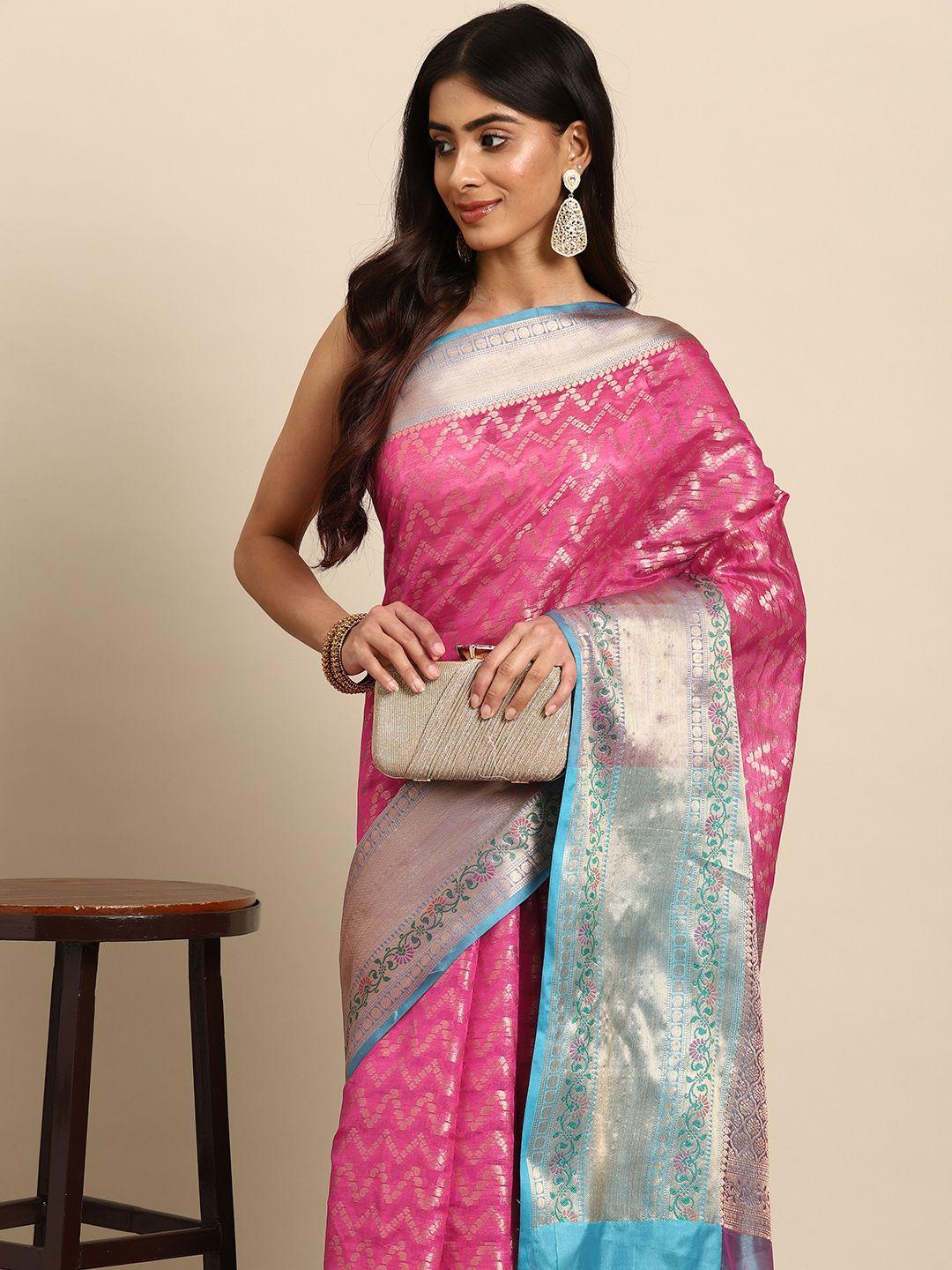 silk land pink & blue zari silk blend paithani saree