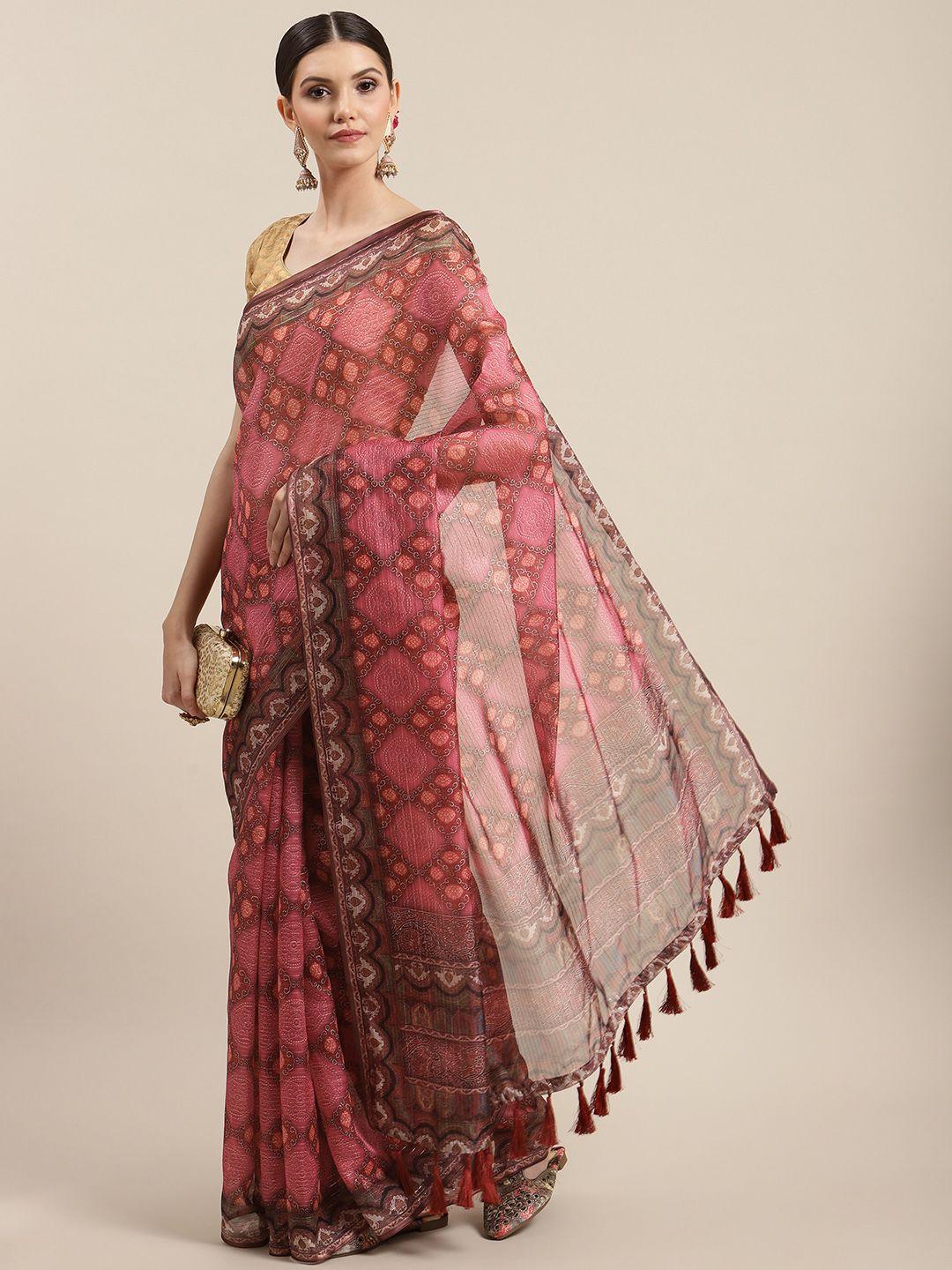 silk land pink & brown kalamkari art silk saree