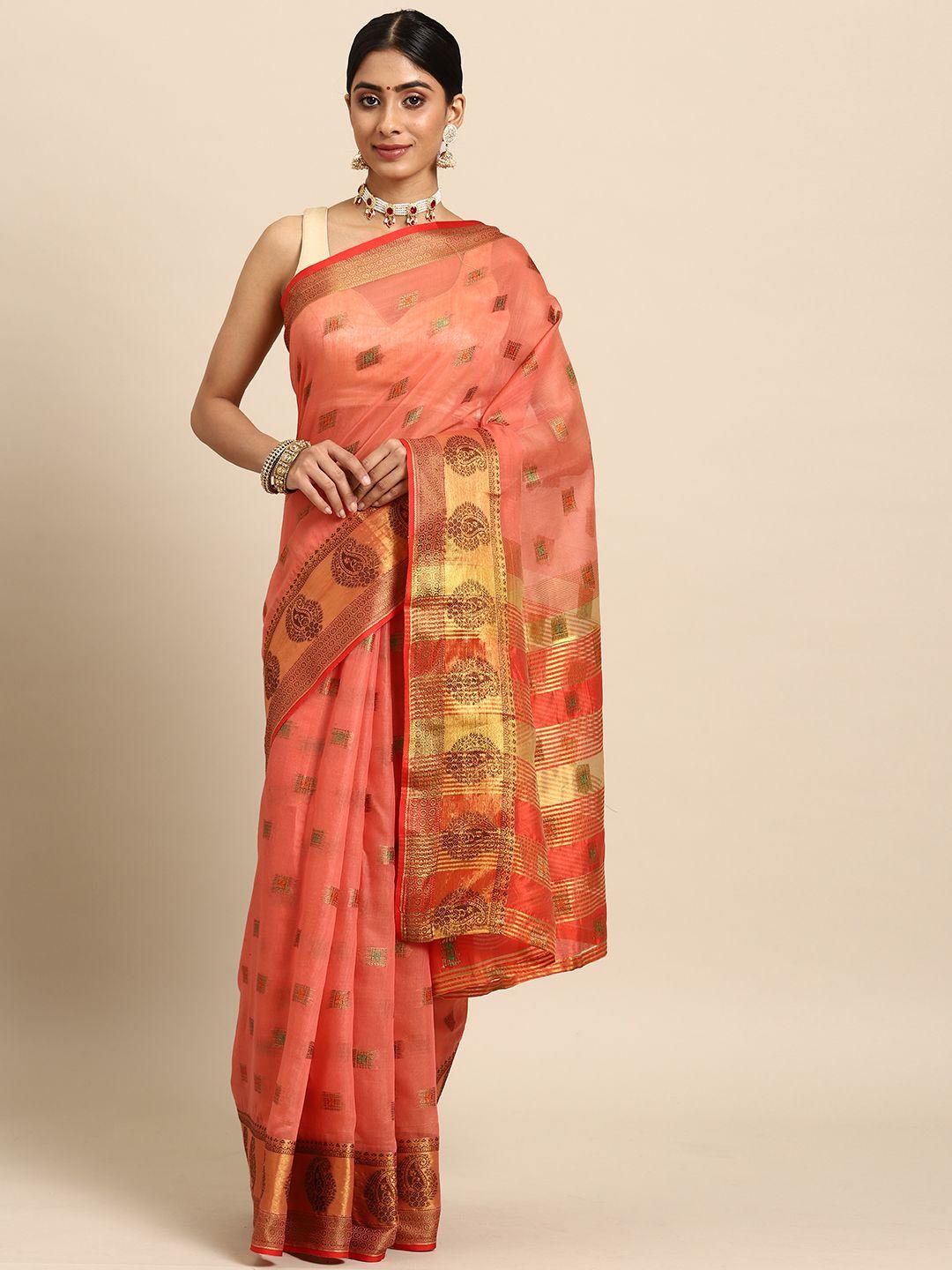 silk land pink & gold-toned zari banarasi saree