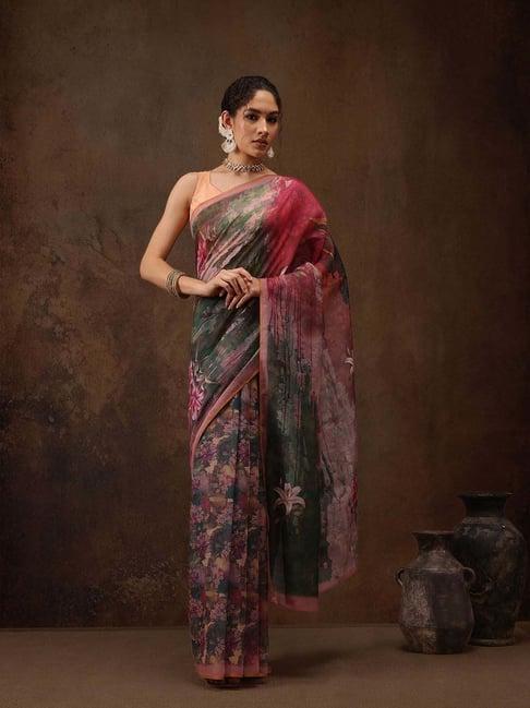 silk land pink & green printed saree with unstitched blouse