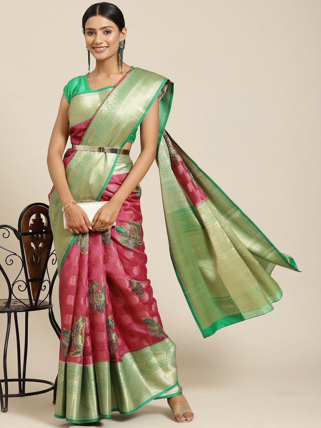 silk land pink & green woven design zari pure silk kanjeevaram saree