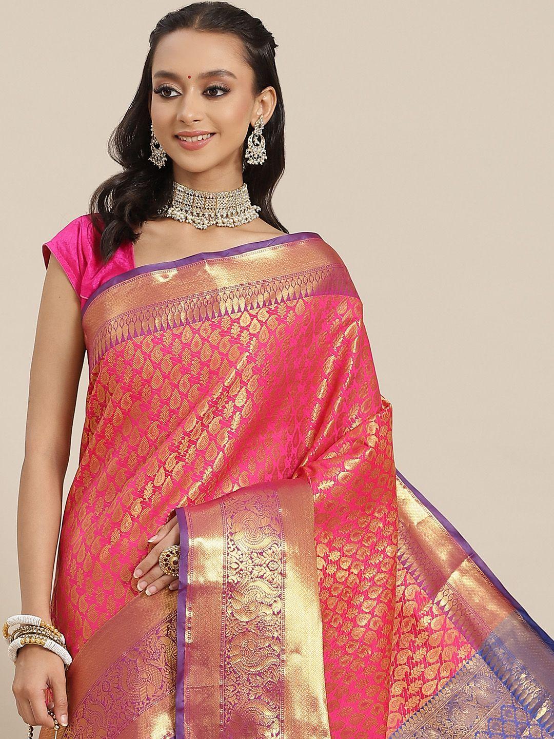 silk land pink & purple ethnic motifs zari brocade banarasi saree