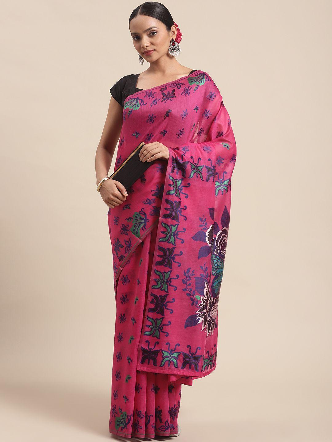 silk land pink & purple floral pure cotton jamdani saree