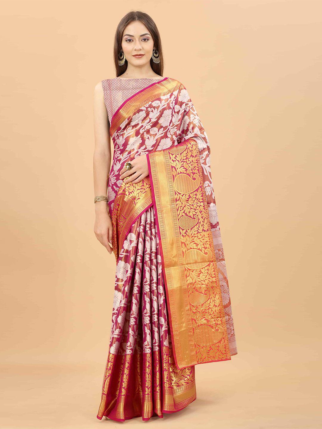 silk land pink & white floral zari tissue heavy work kanjeevaram saree