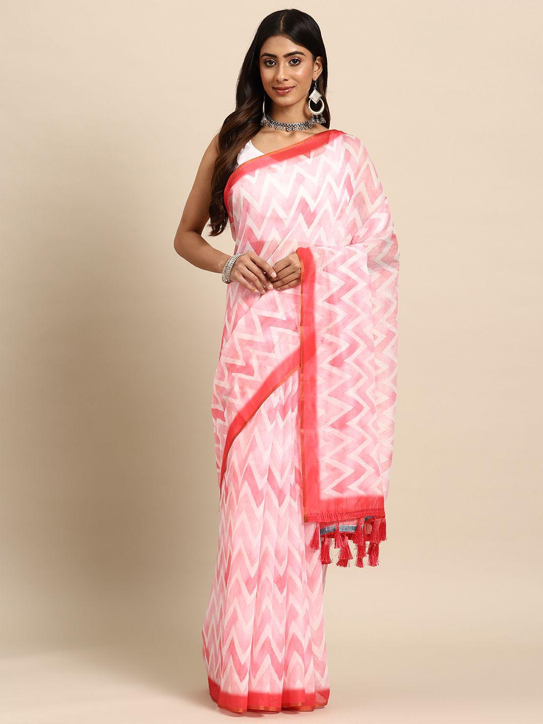 silk land pink & white organza saree