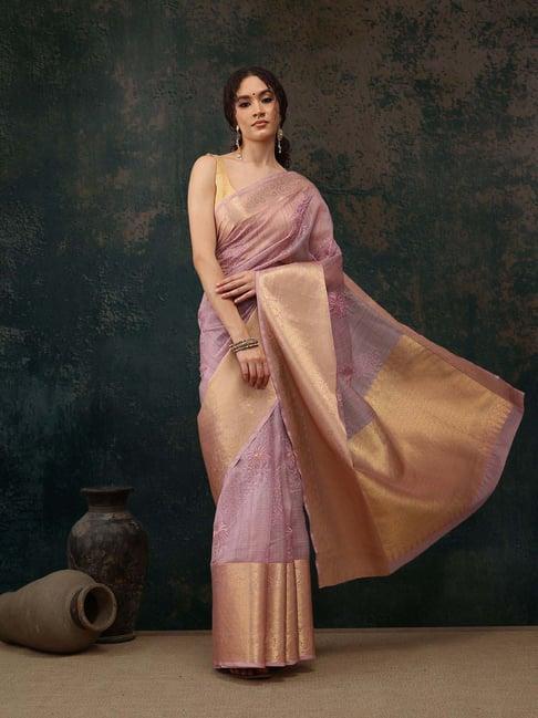 silk land pink embroidered saree with unstitched blouse