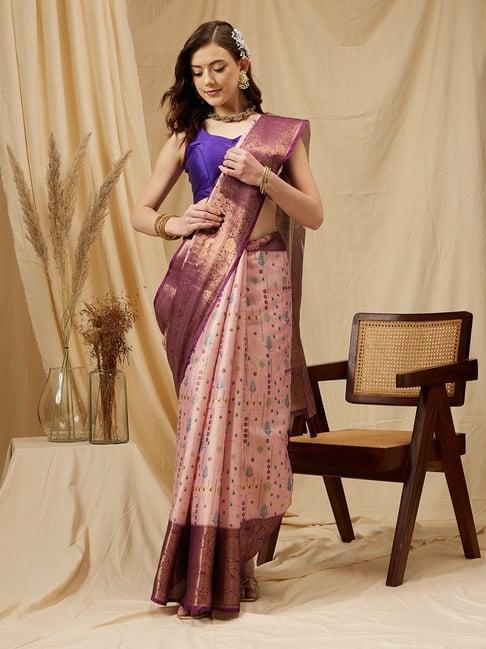 silk land pink floral print saree with blouse