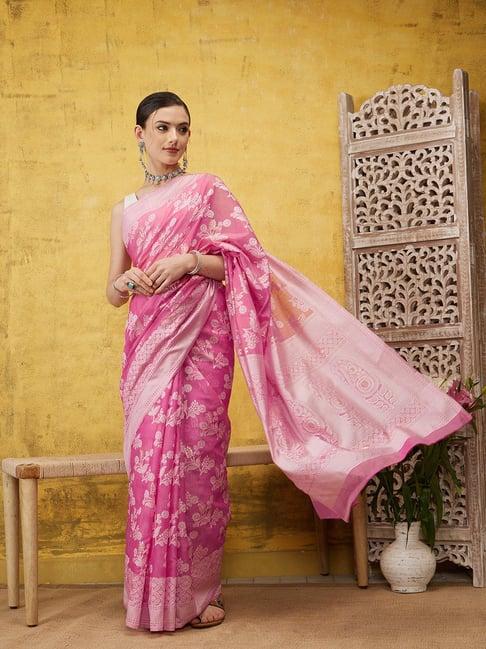 silk land pink floral print saree with blouse