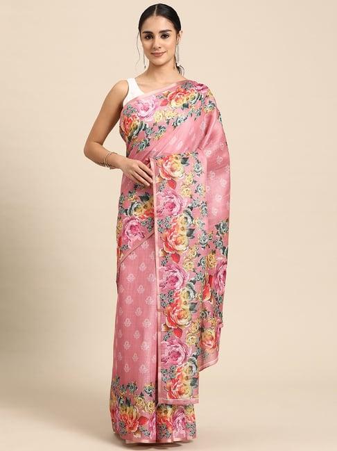 silk land pink floral print saree with blouse