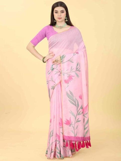 silk land pink floral print saree with unstitched blouse