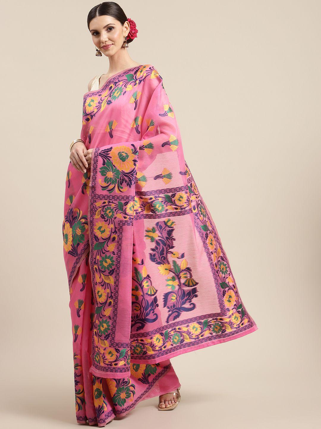 silk land pink floral printed pure cotton jamdani saree