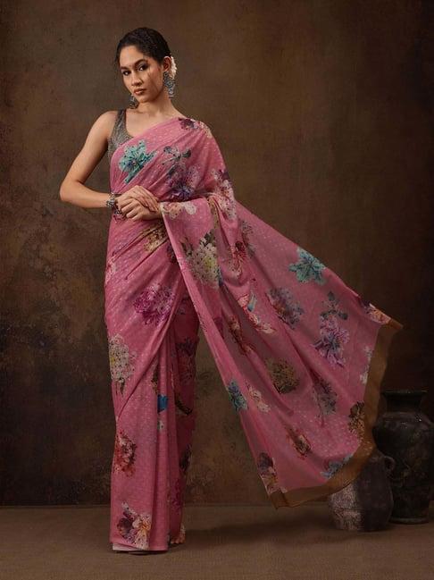 silk land pink printed saree with unstitched blouse