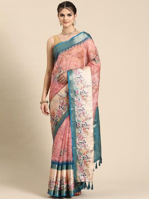 silk land pink silk floral print saree with blouse