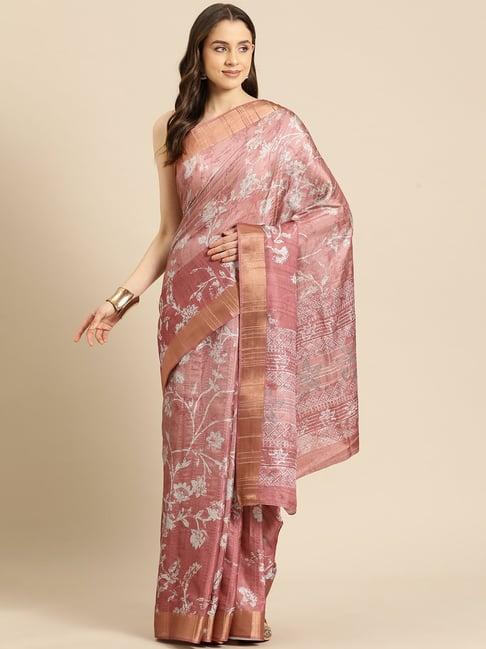 silk land pink silk floral print saree with unstitched blouse