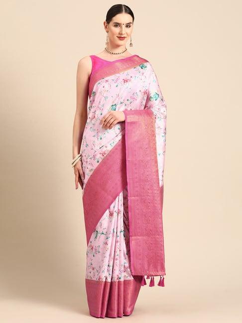 silk land pink silk floral saree with unstitched blouse