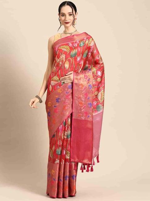 silk land pink silk printed saree with unstitched blouse