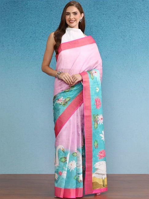 silk land pink silk printed saree with unstitched blouse