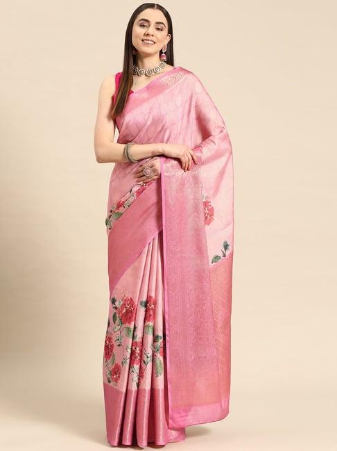 silk land pink tissue floral print saree with blouse