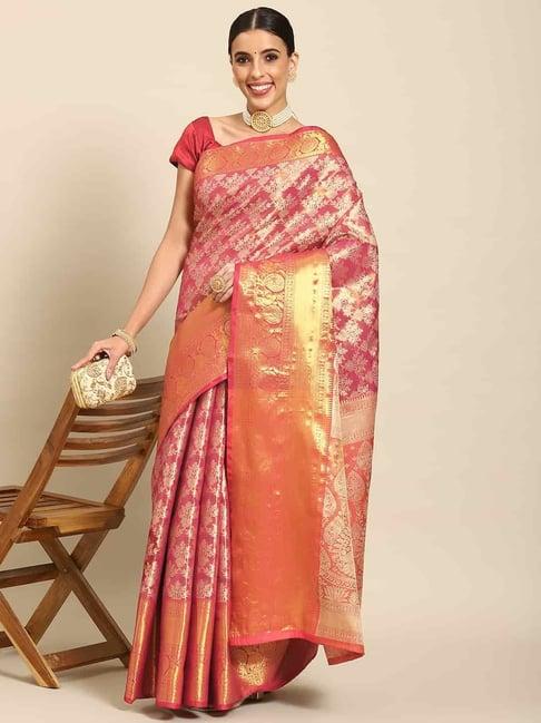 silk land pink woven saree with unstitched blouse