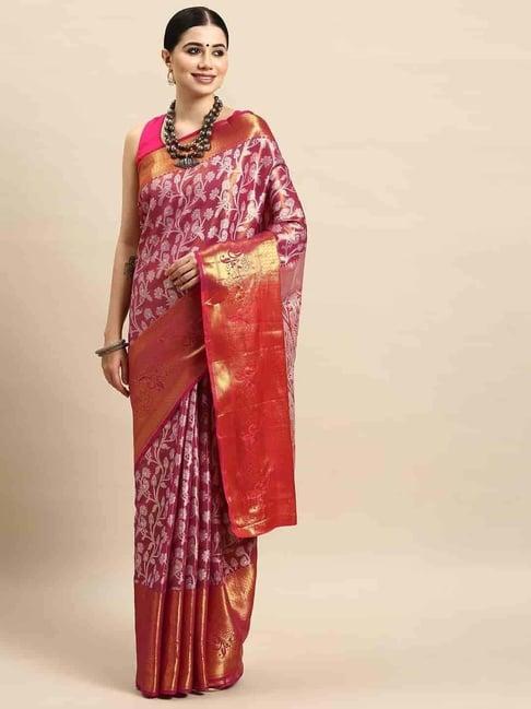 silk land pink woven saree with unstitched blouse