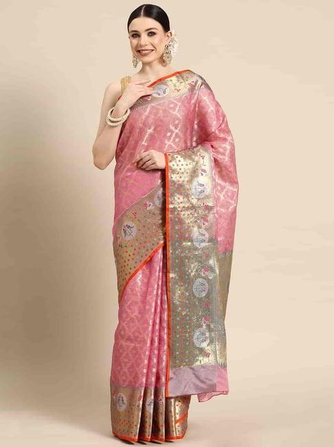 silk land pink woven saree with unstitched blouse